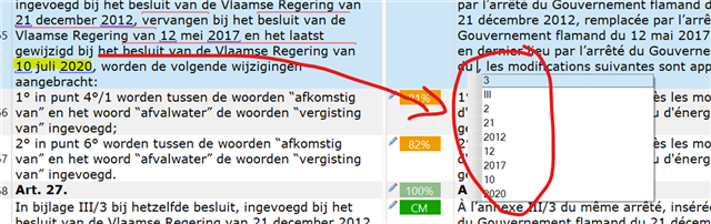 Screenshot of Trados Studio showing a segment comparison with a warning sign indicating a missing number '10 juli 2020' in the target text.