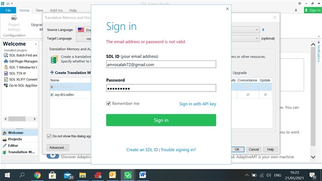 SDL Trados Studio 2017 login screen with an error message stating 'The email address or password is not valid.'