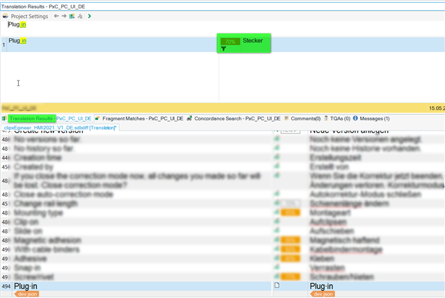 Screenshot of Trados Studio translation results window displaying a 70% match for the segment 'Plug in' with a sticker indicating it belongs to product A.
