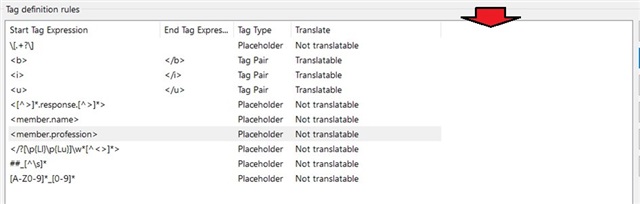 Screenshot of Trados Studio showing a list of tag definition rules with start and end tag expressions, tag types, and translate column indicating if the tag is translatable or not.