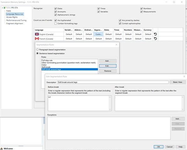 Trados Studio Translation Memory Settings window showing English (Canada) language with a rule to break around tags, but the expression is reverted to n+.