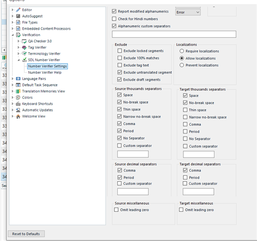 Trados Studio number verifier settings window showing options for source and target thousands and decimal separators.