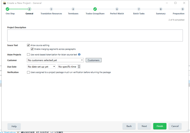 Trados Studio 'Create a New Project' window with 'Allow source editing' checked and 'Enable merging segments across paragraphs' unchecked.