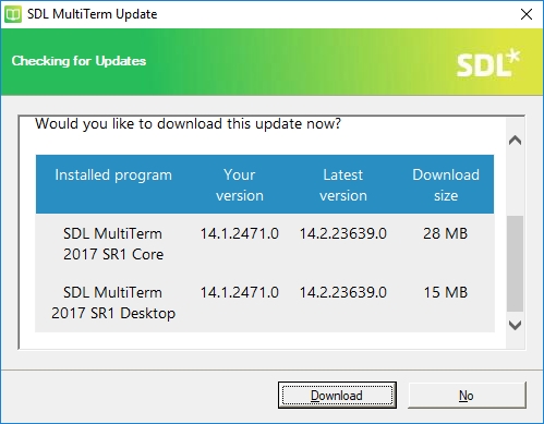 SDL MultiTerm Update window showing available updates for SDL MultiTerm 2017 SR1 Core and Desktop with a 'Download' button.