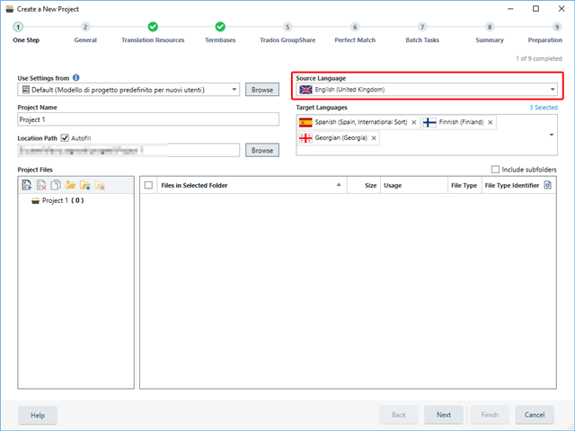 Screenshot of Trados Studio's 'Create a New Project' window showing English (United Kingdom) selected as the Source Language instead of Italian.