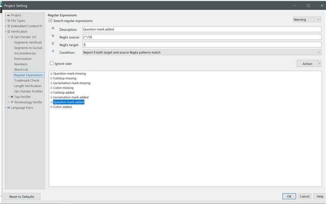 Trados Studio project settings window showing a list of custom regexes with a selected entry labeled 'Question mark added' and its corresponding source and target regex patterns.