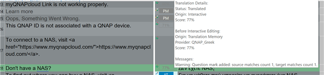 Trados Studio translation segment with a warning message indicating a regex match for 'Question mark added' where the source contains an English question mark and the target contains a Greek question mark.