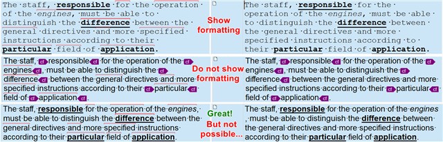 Screenshot of Trados Studio showing text with 'Show formatting' option enabled, displaying tags for bold, italic, and underline.