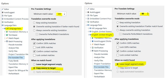 Screenshot of Trados Studio showing Pre-Translate Settings with Minimum match value set to 100% for All Language Pairs.