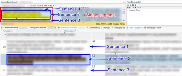 Screenshot showing Trados Studio interface with a highlighted section containing three sentences marked as a single segment in the Concordance Search panel.
