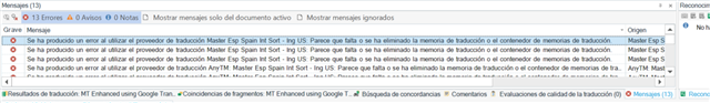 Screenshot of Trados Studio error message stating 'An error has occurred while using the translation provider Master Esp Spain Int Sort - Eng Am'.