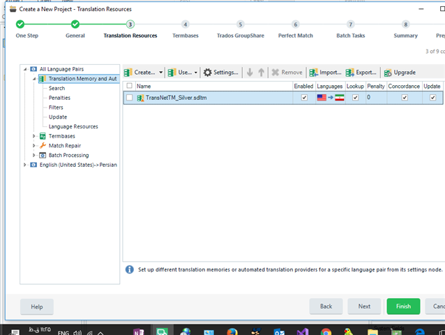 Trados Studio translation resources window displaying a translation memory named 'TransNETM_Silver' set for English to Persian language pair.