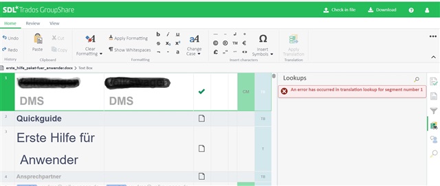 Screenshot of SDL Trados GroupShare online editor showing an error message in the Lookups panel that reads 'An error has occurred in translation lookup for segment number 1'.