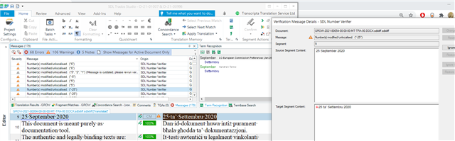 Trados Studio interface displaying a warning message for a date that is not localized according to the specified settings.