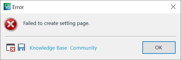 Error dialog box with a red cross icon saying 'Failed to create setting page.' with Knowledge Base and Community links and an OK button.