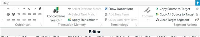 Trados Studio screenshot displaying the Editor view with a title bar labeled 'Editor' under the Ribbon, featuring icons for translation editing and reviewing functions.