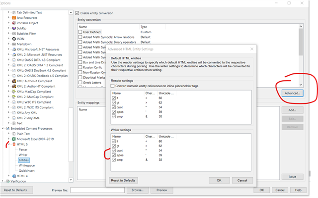 Trados Studio settings window showing Entity conversion options with Advanced HTML Entity Settings. The Writer settings section has quot and apos unchecked, with a red circle highlighting the Advanced button.