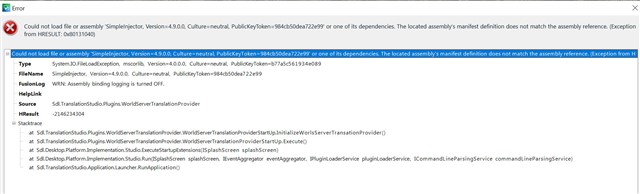 Error message in Trados Studio stating 'Could not load file or assembly Sdl.LanguagePlatform.TranslationMemoryApi, Version=4.0.0.0'. The issue is related to assembly reference mismatch.