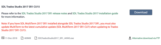 SDL Trados Studio 2017 SR1 CU15 download page with a note about updating MultiTerm if installed alongside Trados Studio.