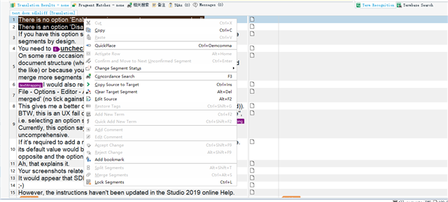 Trados Studio editor with right-click context menu open, showing 'Merge Segments' option greyed out and not selectable.