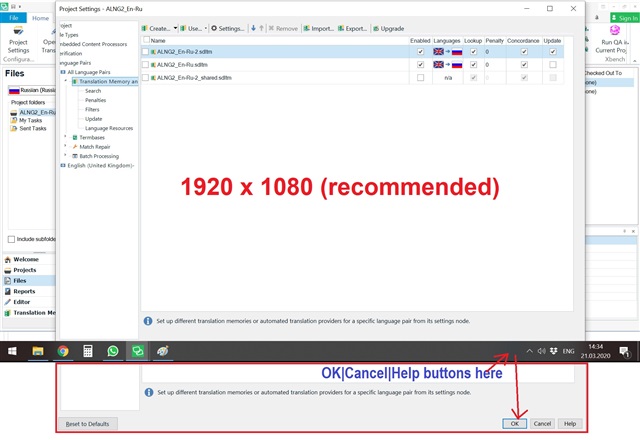 Screenshot of SDL Trados Studio 2019 with a window extending beyond the screen's bottom edge, making the OK button inaccessible.