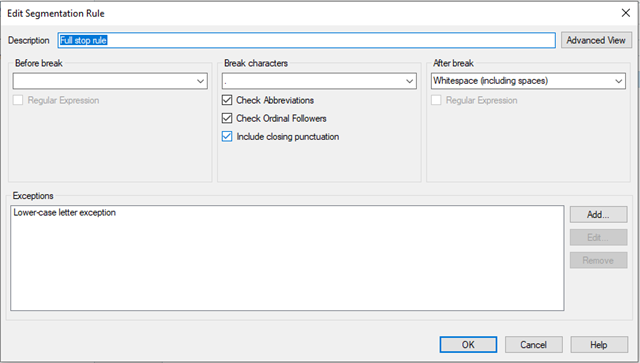 Segmentation rule settings in Trados Studio with no apparent issues, full stop rule is visible.