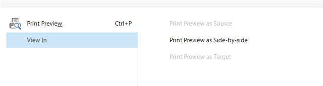 Trados Studio 2017 Print Preview menu with 'Print Preview as Source' and 'Print Preview as Target' options disabled, only 'Print Preview as Side-by-side' is enabled.