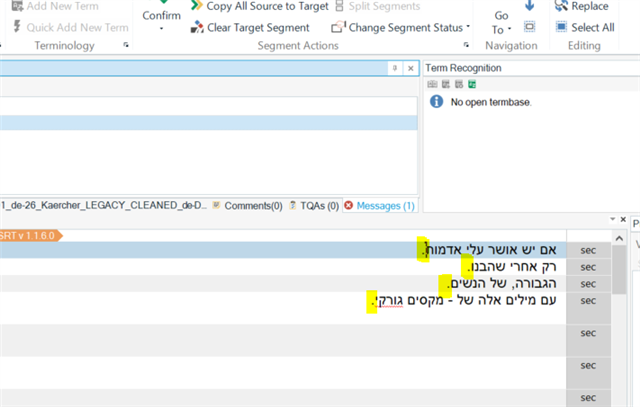 Screenshot of Trados Studio target translation where punctuation marks are incorrectly placed at the beginning of lines instead of the end.