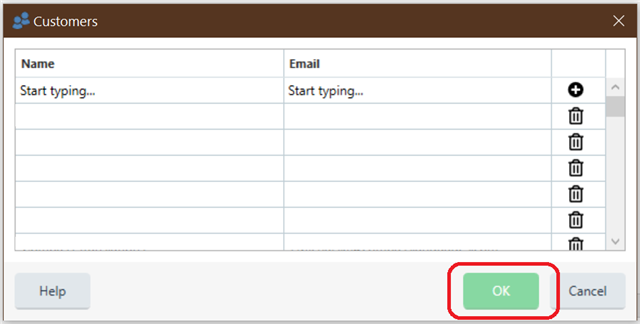 Trados Studio 'Customers' window with empty 'Name' and 'Email' fields. The 'OK' button is highlighted, indicating it is not clickable.