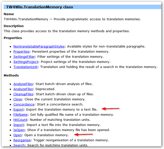 Screenshot of Trados Studio SDK documentation showing TW4Win.TranslationMemory class with a list of properties and methods. A red arrow points to 'Concordance: Start a concordance search.'