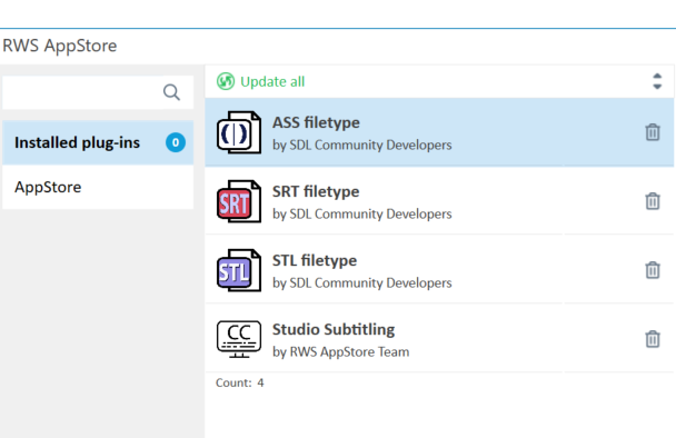 Screenshot of Trados Studio RWS AppStore showing installed plug-ins: ASS filetype, SRT filetype, STL filetype by SDL Community Developers, and Studio Subtitling by RWS AppStore Team. There are no visible errors or warnings.