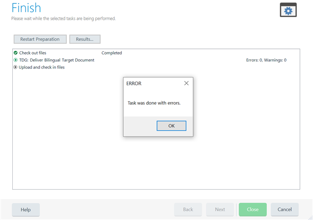 Trados Studio 'Finish' screen showing 'TDG: Deliver Bilingual Target Document' task completed with an error message popup saying 'Task was done with errors.'