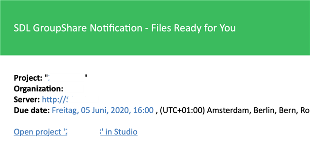 Screenshot of an SDL GroupShare notification email in Airmail, showing project name, organization, server URL, due date, and an 'Open project in Studio' link.