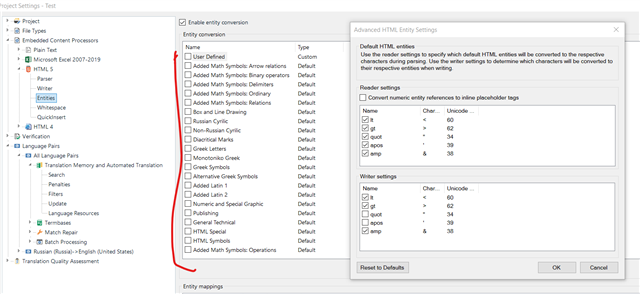 Trados Studio settings window showing the HTML embedded content processor with a list of entity conversions. The 'Enable entity conversion' checkbox is checked, and several entities are set to 'Default'.