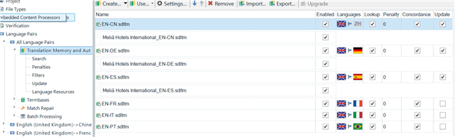Trados Studio project configuration screen showing various language pairs and translation memory settings for a project named 'Melia Hotels International'.