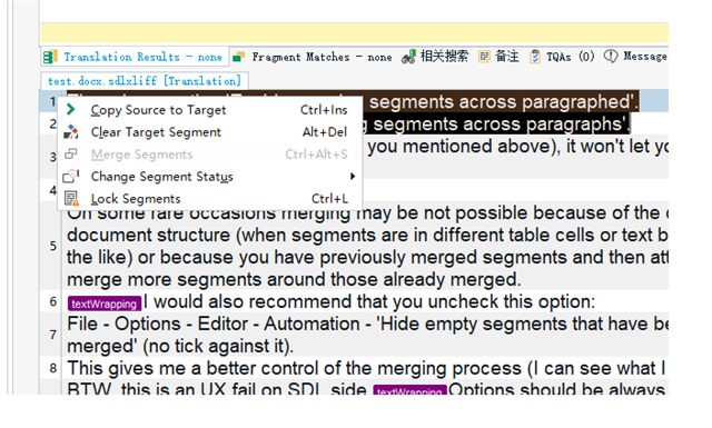 Close-up of Trados Studio editor context menu with 'Merge Segments' option greyed out, indicating it cannot be selected.