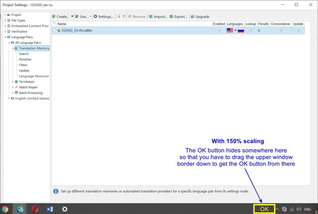 Trados Studio Project Settings window with the OK button hidden due to 150% scaling, requiring window adjustment to access.
