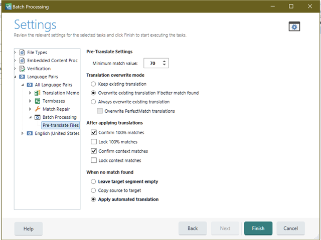 Trados Studio settings window showing Pre-Translate Files options with minimum match value set to 70 and 'Apply automated translation' selected. 'Leave target segment empty' is in bold.