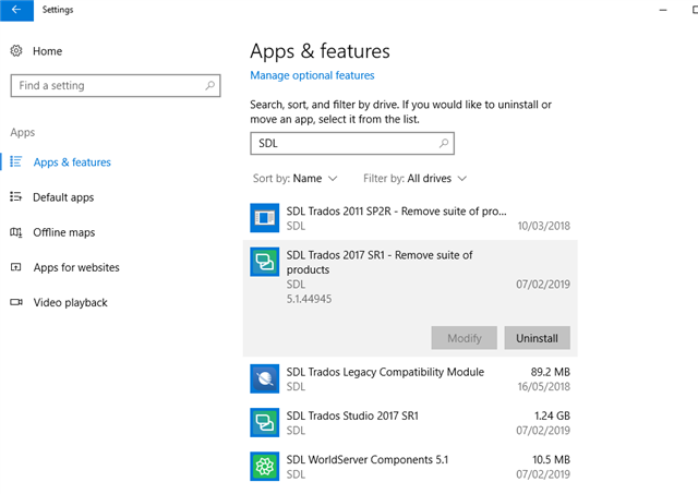 Windows Apps & features settings screen showing SDL Trados 2017 SR1 with options to Modify or Uninstall.