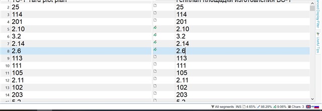 Screenshot of Trados Studio showing segments with decimal numbers not being localized after confirmation.