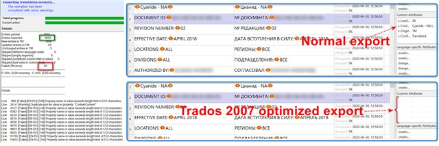 Error message in memoQ during TMX file import from Trados Studio, showing incomplete segment import due to custom attribute length.