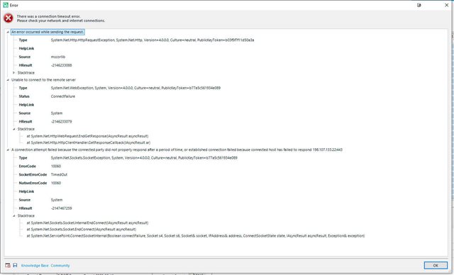 Detailed error log in Trados Studio showing a System.Net.Sockets.SocketException with a connection timeout error and stack trace information.