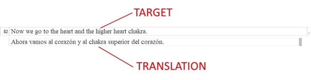 Screenshot of Trados Studio showing vertical translation layout with the target text 'Now we go to the heart and the higher heart chakra.' above the translated text 'Ahora vamos al coraz n y al chakra superior del coraz n.'