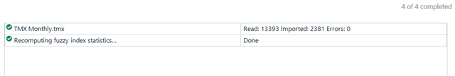 Screenshot of Trados Studio TMX import showing 'TMX Monthly.tmx' with 13393 units read, 2381 units imported, and 0 errors. 'Recomputing fuzzy index statistics...' is marked as done.