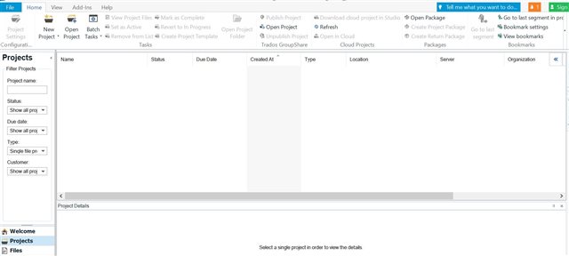 Screenshot of Trados Studio showing an empty project list with filters set to 'all projects'. No projects are visible in the main workspace area.