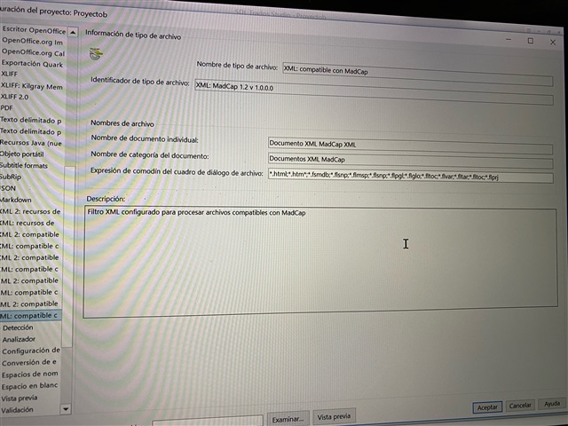 Trados Studio file type information window for XML compatible with MadCap showing filter settings and no visible errors.