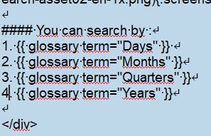 Screenshot of Trados Studio showing a list of glossary terms including Days, Months, Quarters, and Years within the source cleanup wizard.