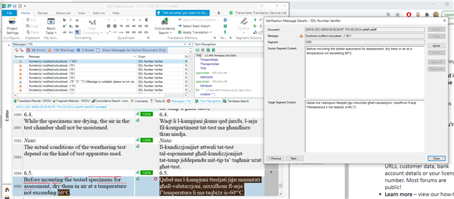 Trados Studio interface showing a warning message for a number preceded by a dash not recognized as a valid number.