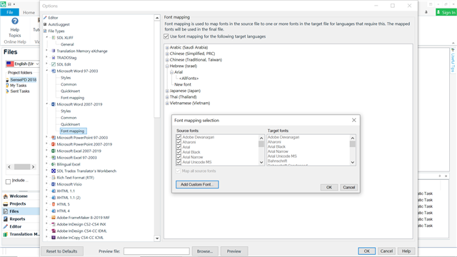 Trados Studio font mapping options window showing a list of source fonts but English is not listed.