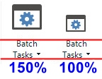 Screenshot displaying two 'Batch Tasks' icons at different scaling levels, with the 150% scaled icon appearing much larger than the 100% and causing layout overflow in Trados Studio.